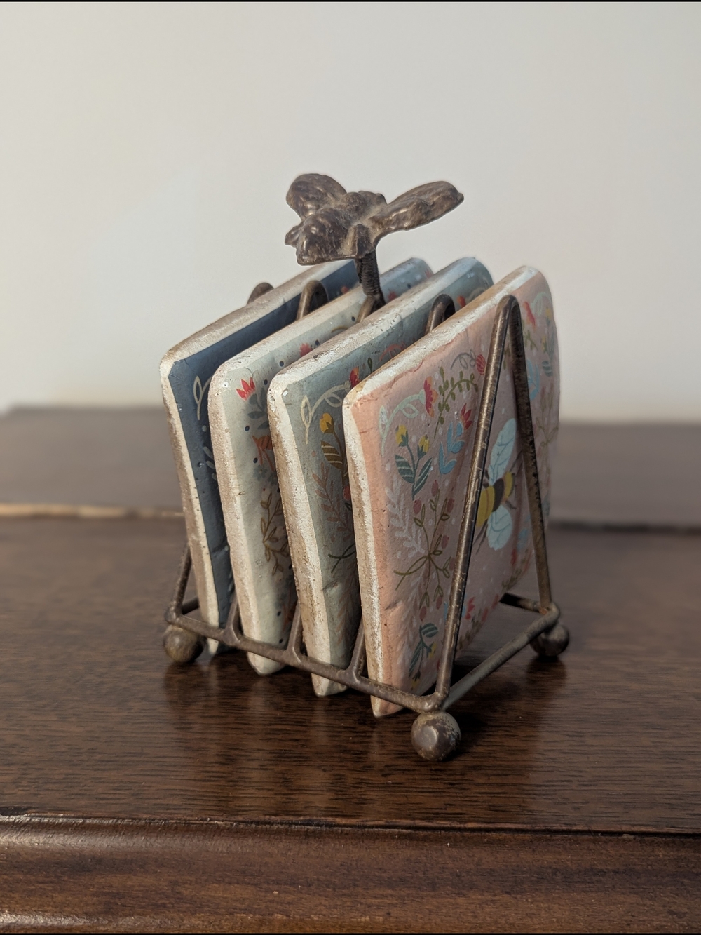 Helmsie Coaster Set with Metal Bumblebee Caddy - Set of 4